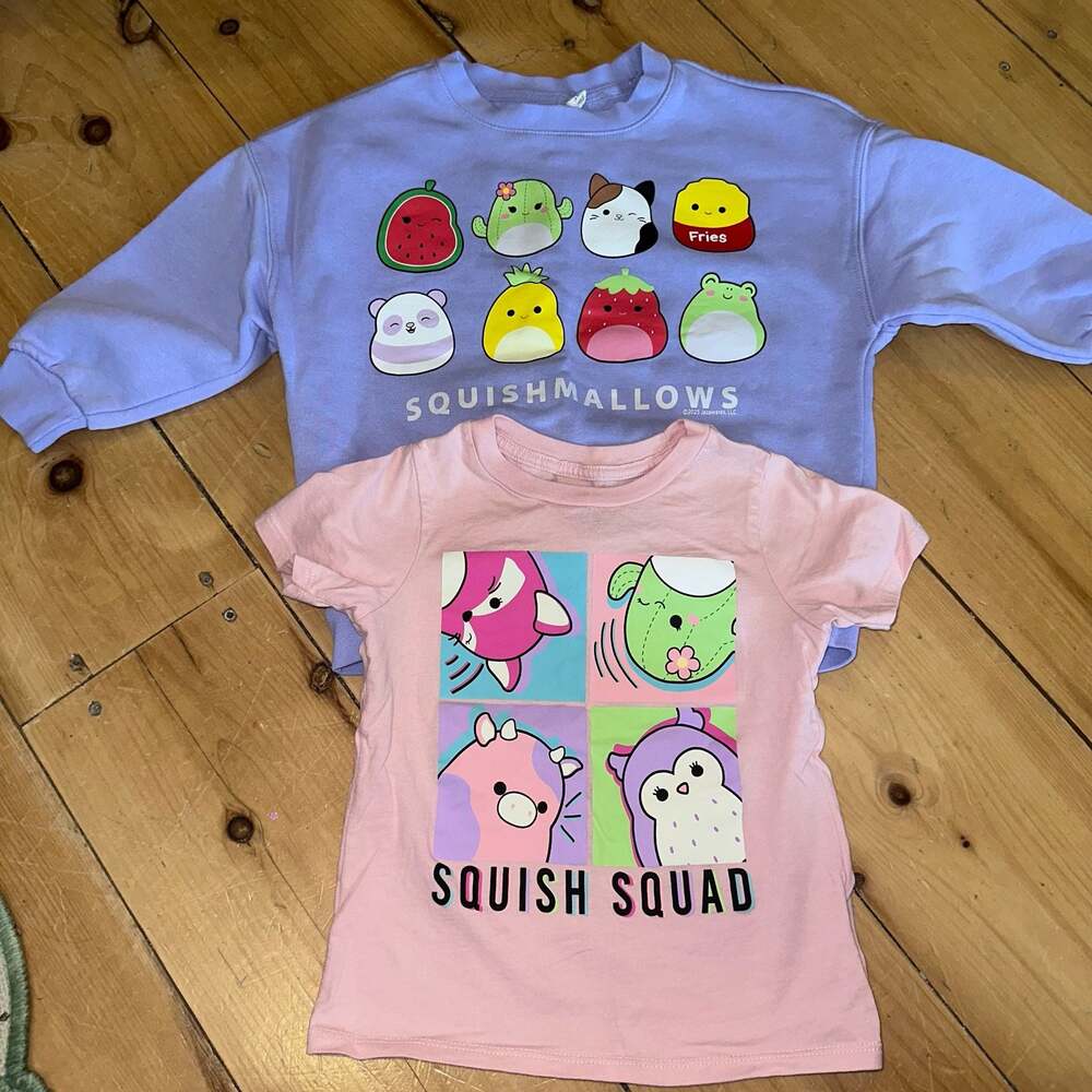 Squishmallows Gap Purple Sweatshirt (XS 4-5) and Pink Squish Squad T-Shirt (S)